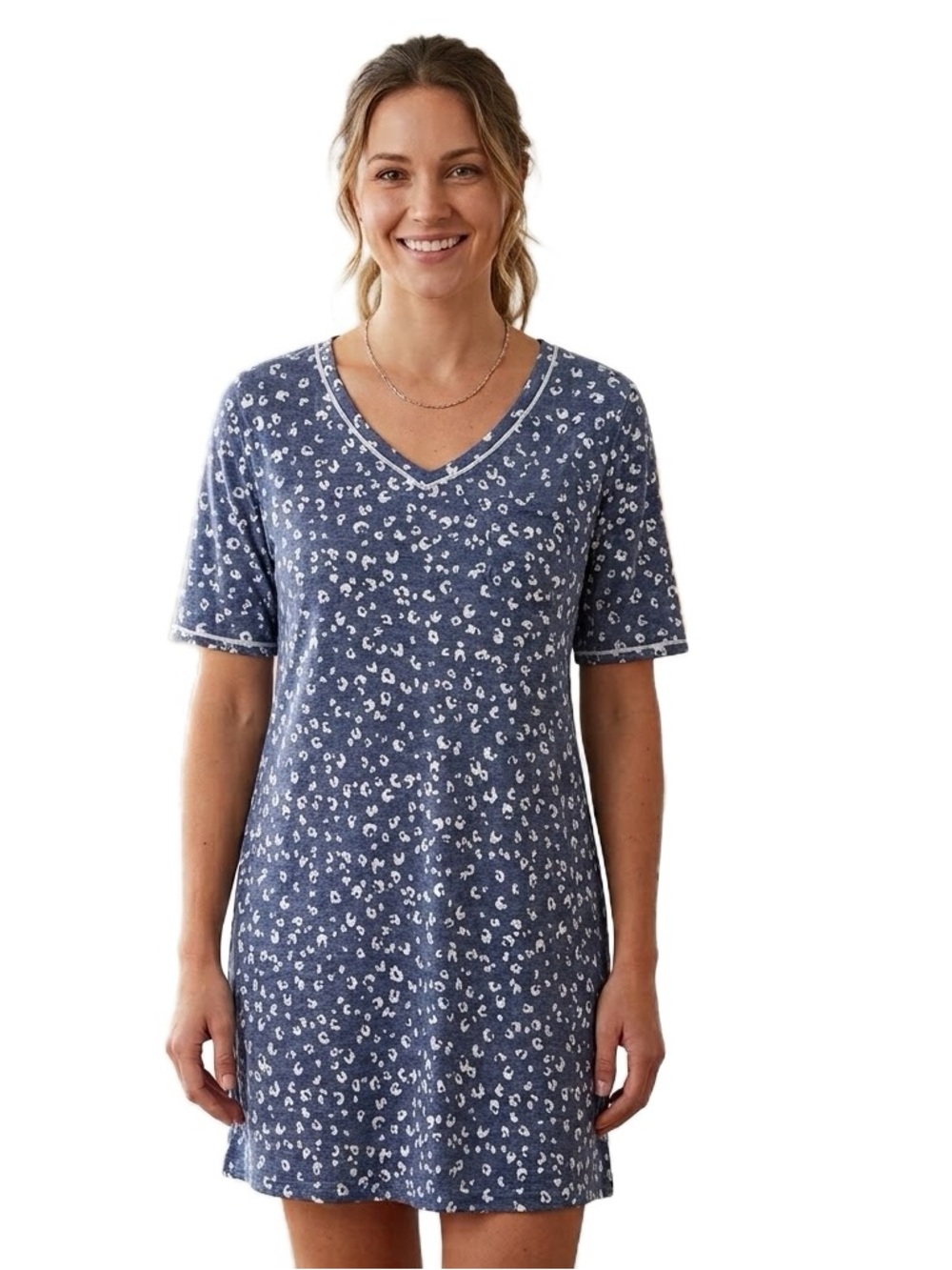 Cuddl Duds Moisture Wicking Elbow Sleeve Sleep Shirt in Navy Leopard Print